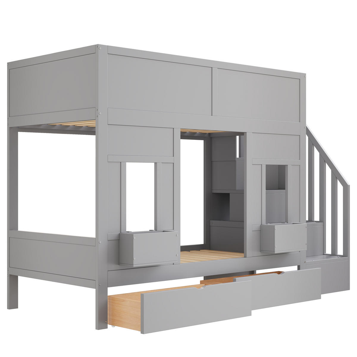 ETAGENBETT 90/200 cm DE-01539, in Grau, mit Stauraumtreppe, Schubladen und Fensterdesign - Grau, Holz (90/200cm) - ComfortXL