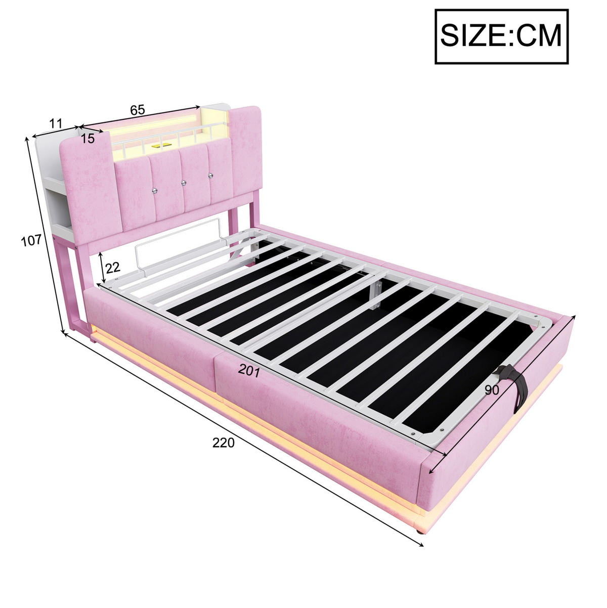 KINDERBETT Polsterbett 90/200 cm aus Samt mit LED-Beleuchtung und Stauraum Rosa - Rosa, Textil (90/200cm) - Modenvie