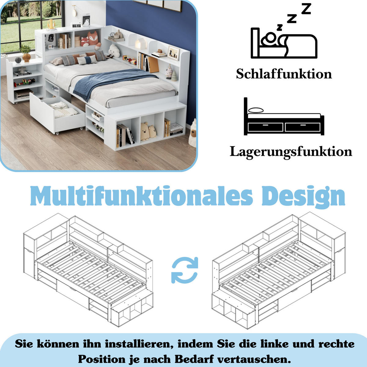 KINDERBETT 90/200 cm Weiß aus Sperrholz mit Stauraum - Weiß, Holz (90/200cm) - OKMYHOME