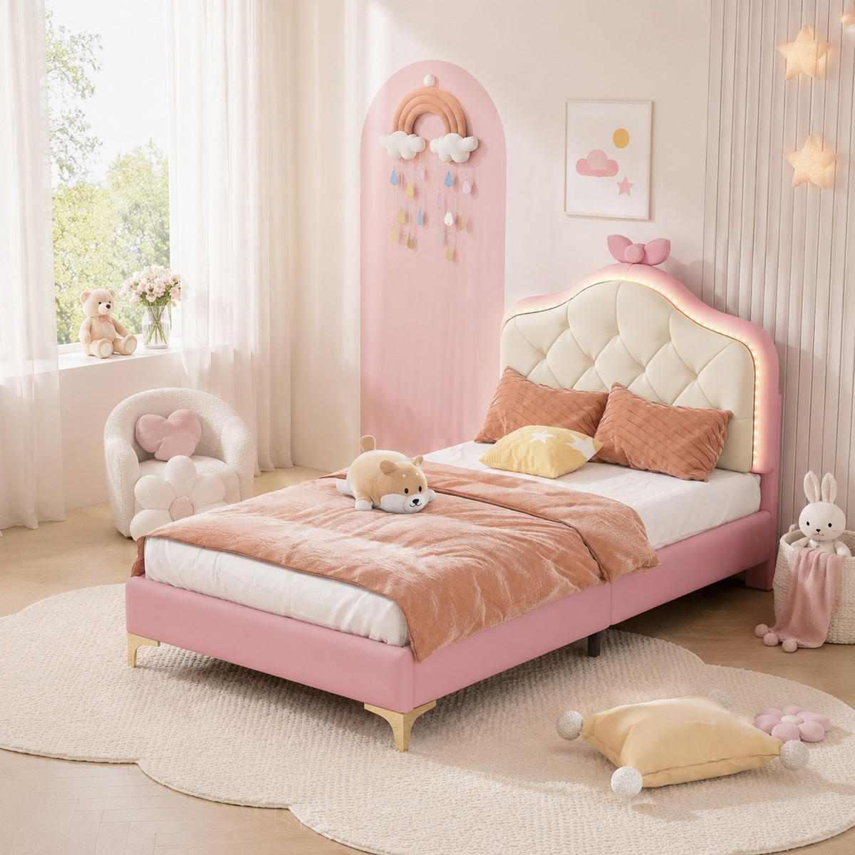 POLSTERBETT 90/200 cm Rosa/Weiß mit LED und Lattenrost ohne Matratze - Weiß, Kunststoff (90/200cm) - MIVRAY