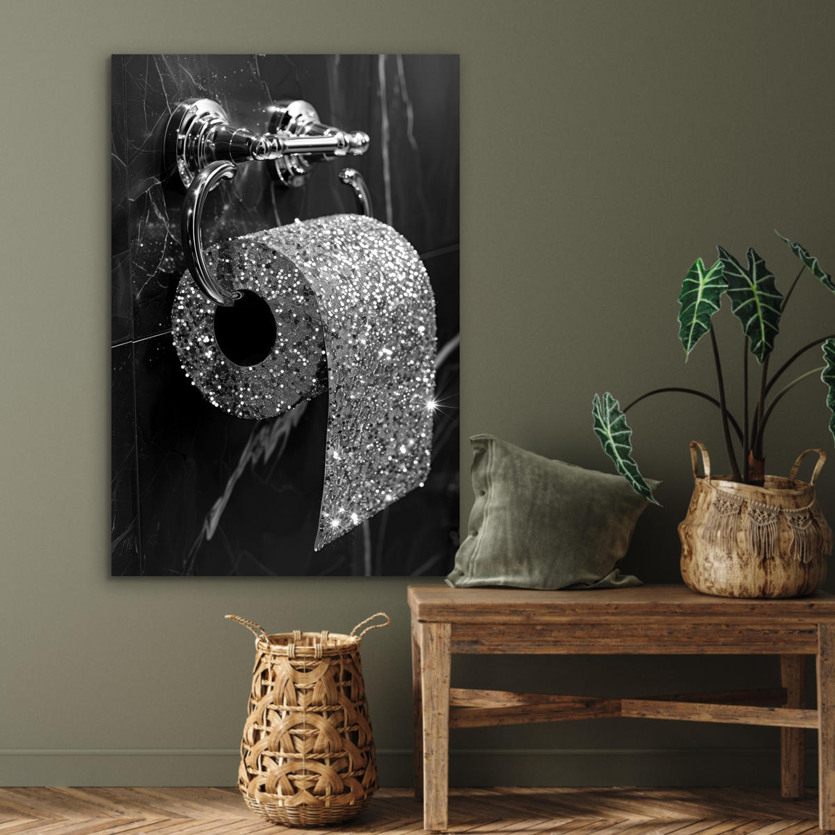 METALLBILD WC - Toilettenpapier - Schwarz und weiß - Glitter 60x90 cm - Silberfarben, Metall (60/90cm) - MuchoWow