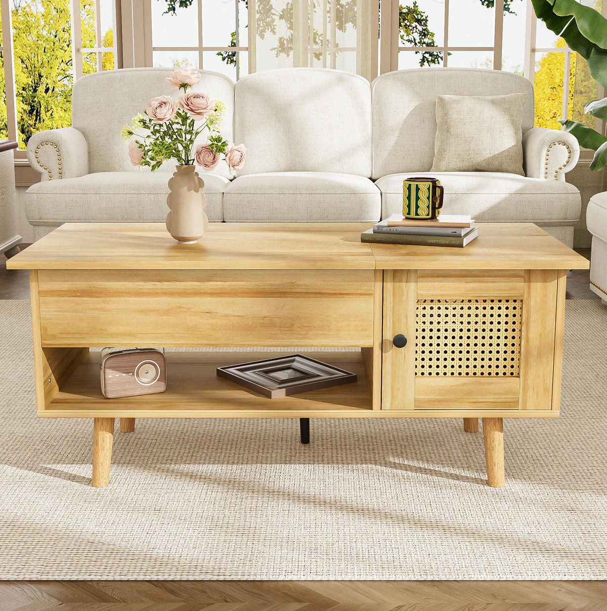COUCHTISCH, anhebbare Tischplatte, Holzoptik mit schwarzen Akzenten und Rattan-Türen, 103/50/46/60 cm,Naturfarben - Naturfarben, Holzwerkstoff (103/50/60cm) - Redom