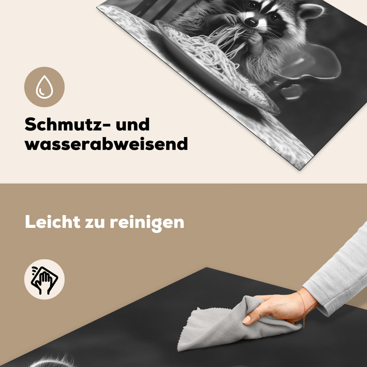 HERDABDECKPLATTE Waschbär - Niedlich - Pasta - Tischtuch - Schwarz - Weiß Ceranfeldabdeckung 90x52 cm - Grau, Kunststoff (90/52/0.2cm) - MuchoWow