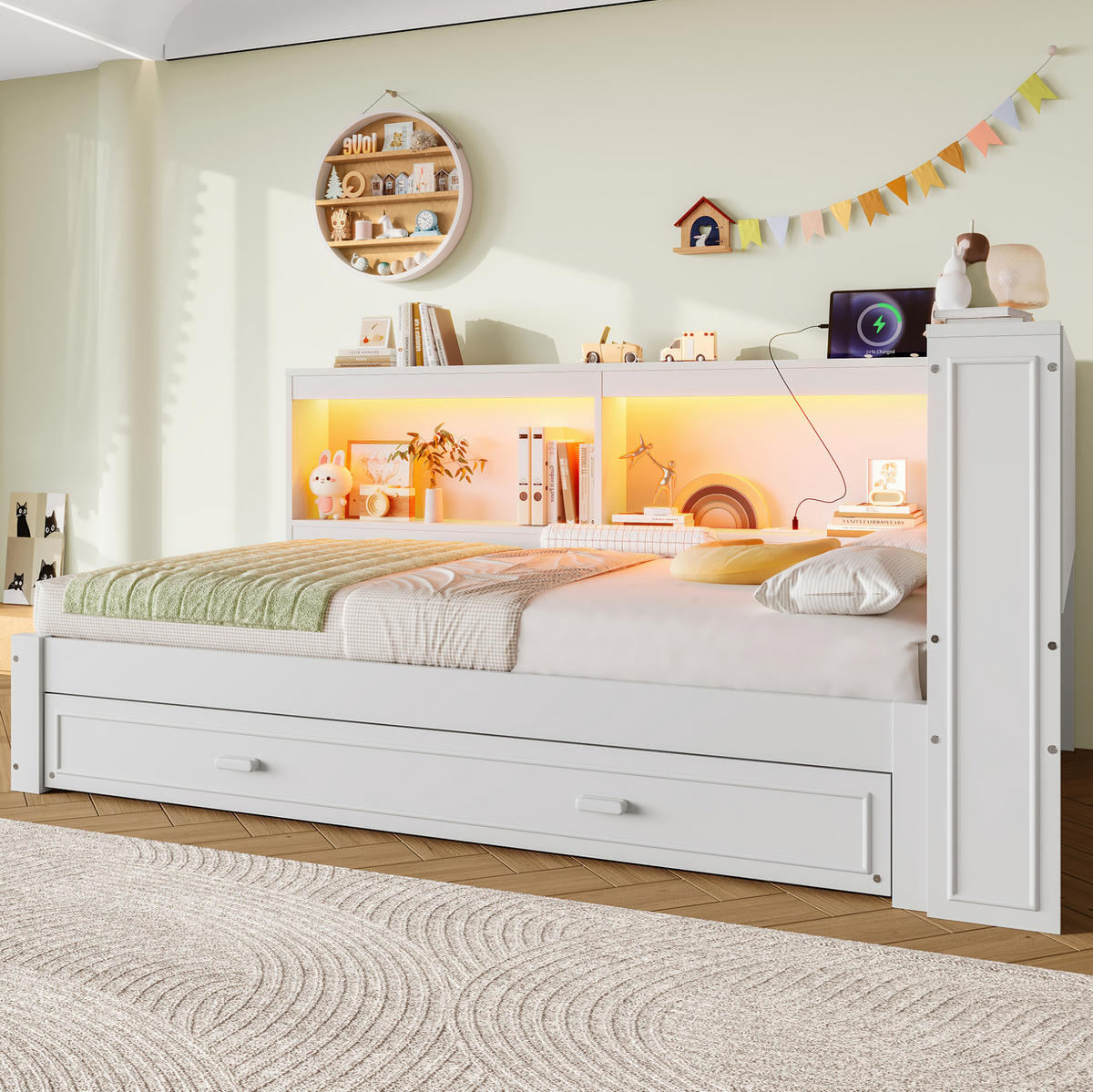 TAGESBETT 90/200 cm mit Ausziehbett, LED-Beleuchtung, USB, Typ-C und Steckdose, Kiefern , Weiß - Weiß, Holzwerkstoff (90/200cm) - Redom