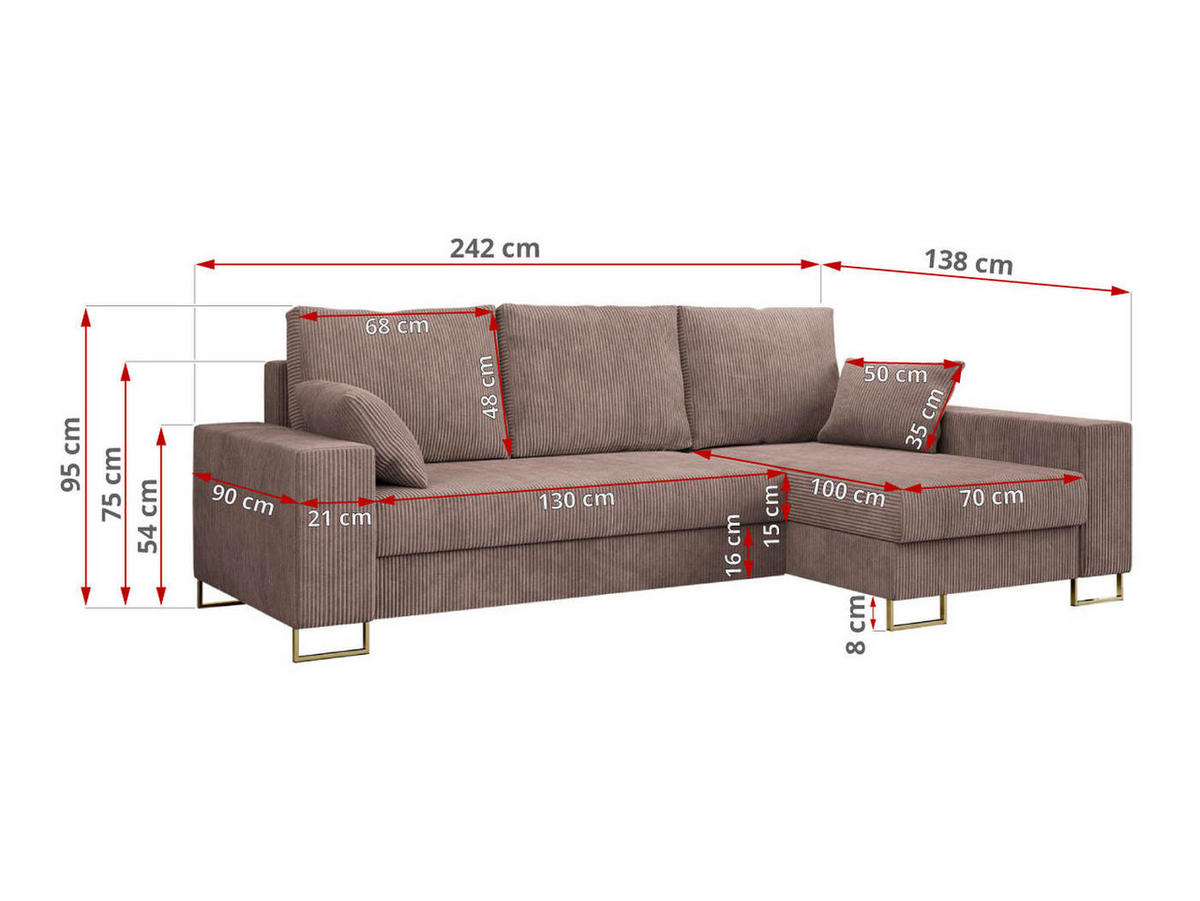 ECKSOFA Dorian Cord Rosa - Goldfarben/Rosa, Textil/Metall (242/138cm) - MKS