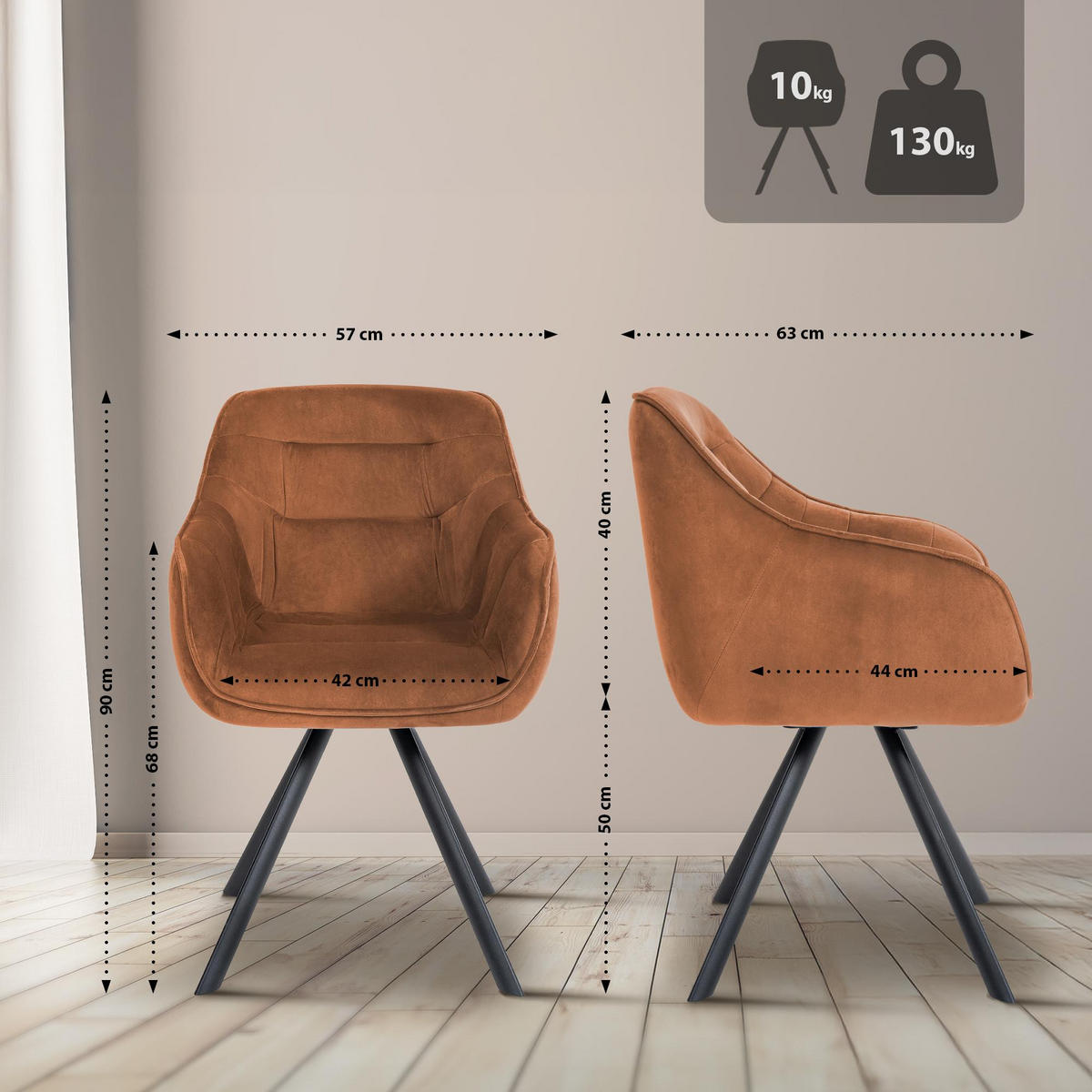 ARMLEHNENSTUHL Samt coffee - Schwarz/Braun, Textil/Metall (57/90/63cm) - CLP