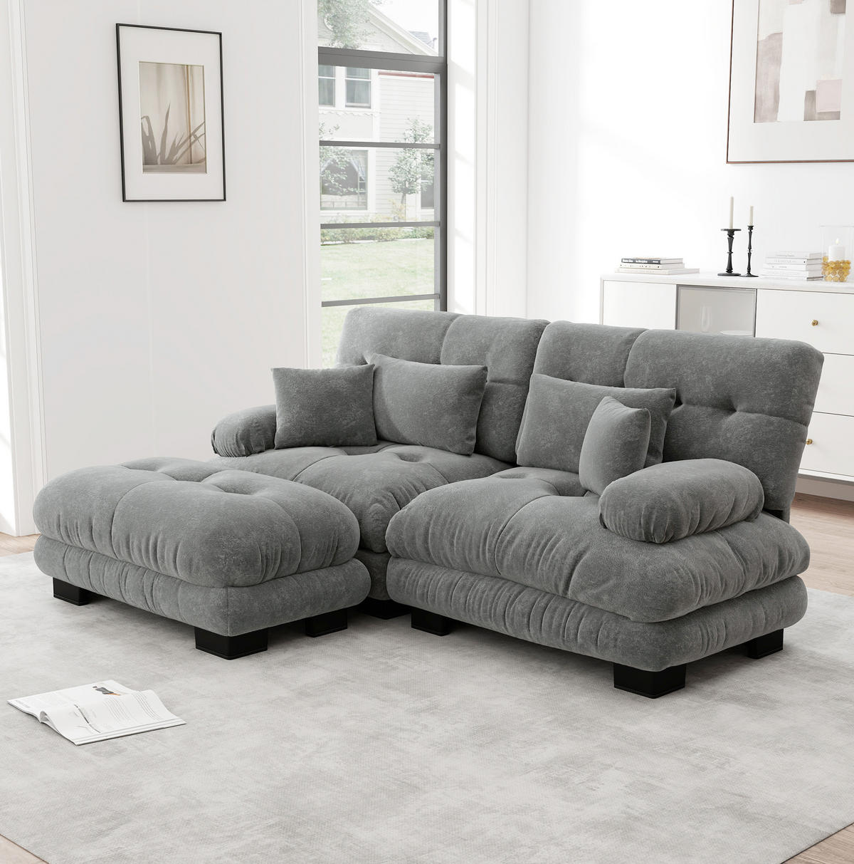 ECKSOFA modular mit beweglichen Ottomane, breiten Armlehnen und Kissen, Grau - Grau, Textil (220/145cm) - Redom