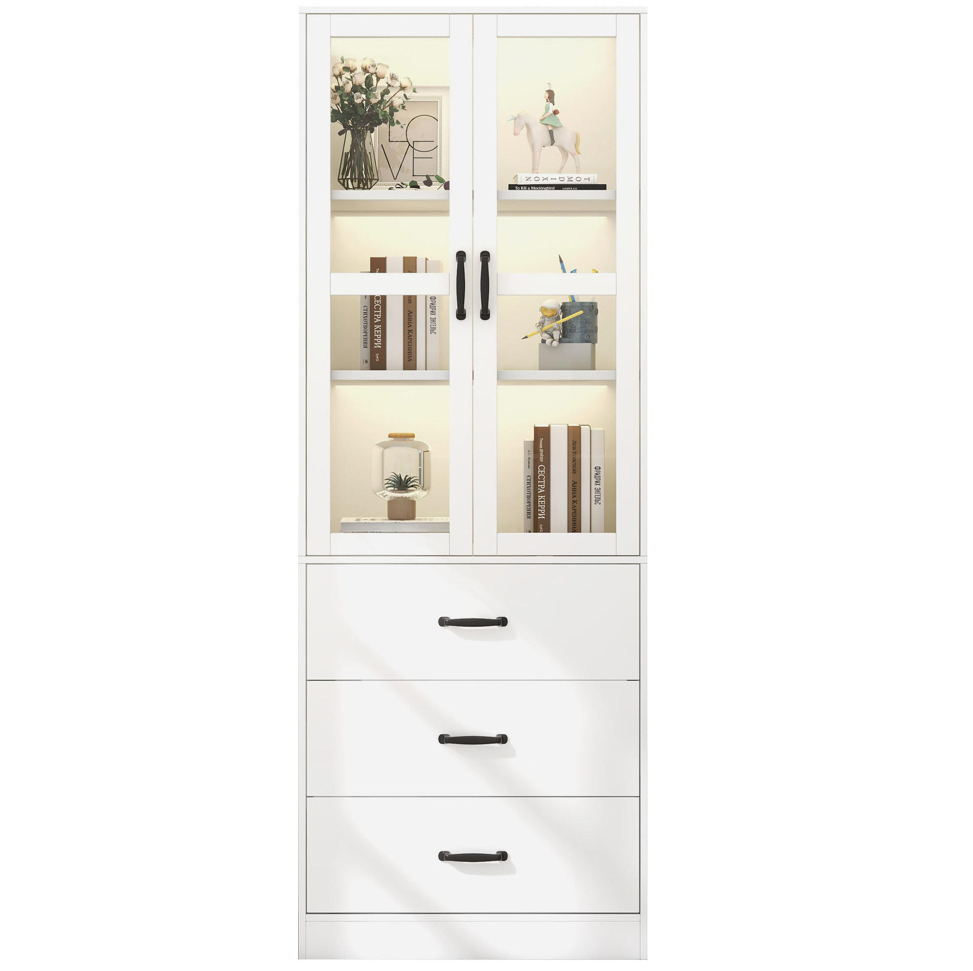 VITRINE 60/40/200 cm weiß aus MDF mit LED und 3 Schubladen - Weiß, Holzwerkstoff (60/200/40cm) - OKWISH