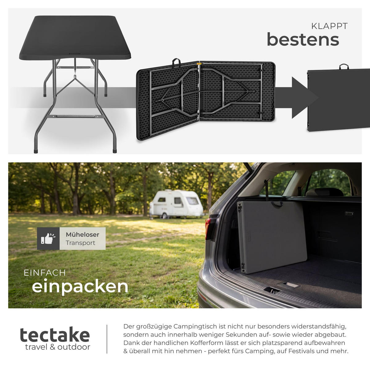 CAMPINGTISCH Panja, gummierter Tragegriff, anthrazit - Anthrazit, Kunststoff (70/180/74cm) - tectake