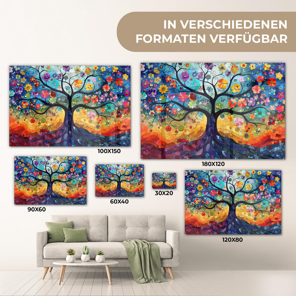 ACRYLGLASBILD Kunst - Baum des Lebens - Blumen - Hippie 90x60 cm - Dunkelblau, Glas (90/60cm) - MuchoWow