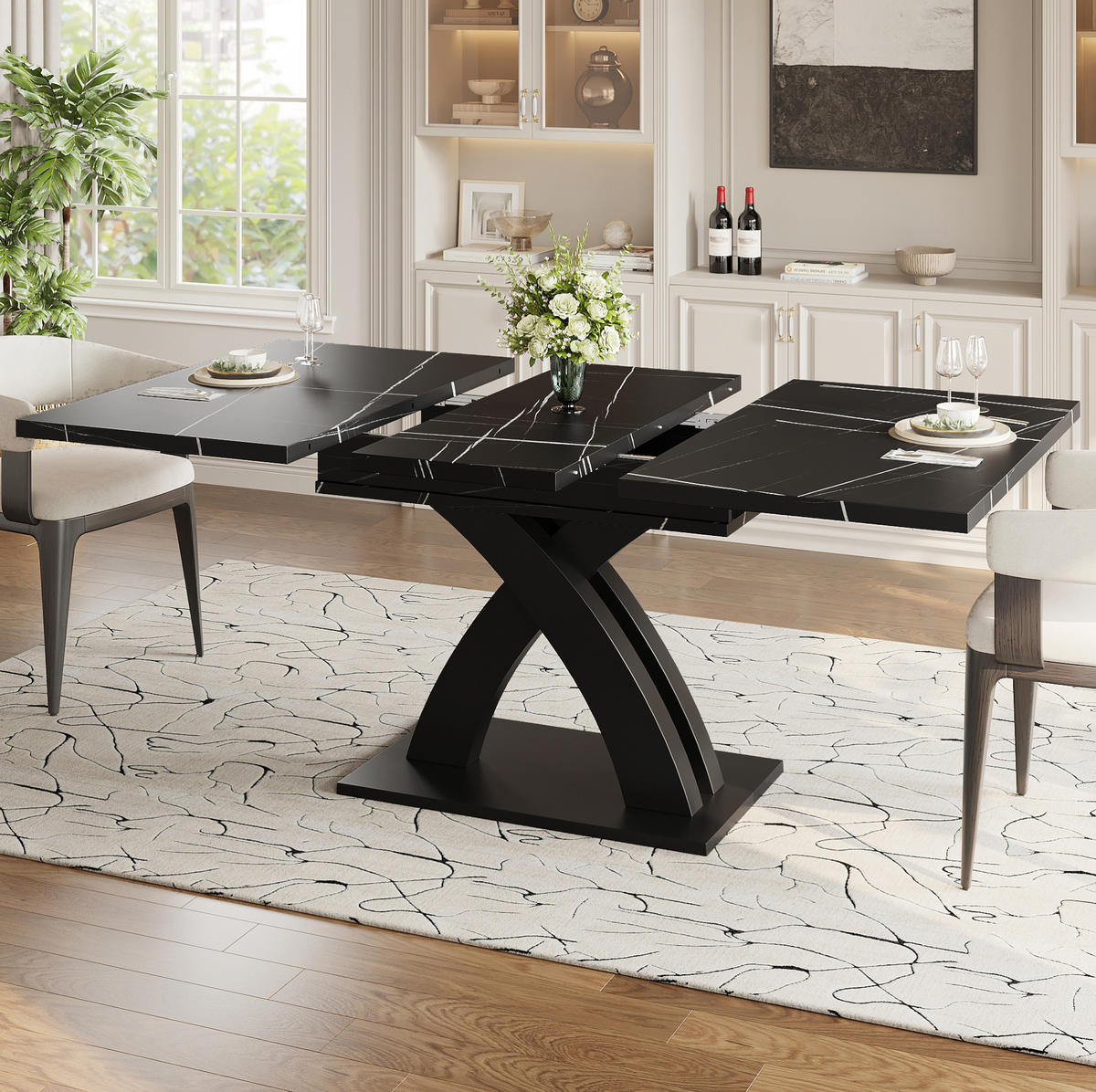 ESSTISCH 120/80/76 cm ausziehbar auf 160 cm Schwarz aus MDF Metall mit X-Streben - Schwarz, Holzwerkstoff (120/80/75cm) - OKWISH