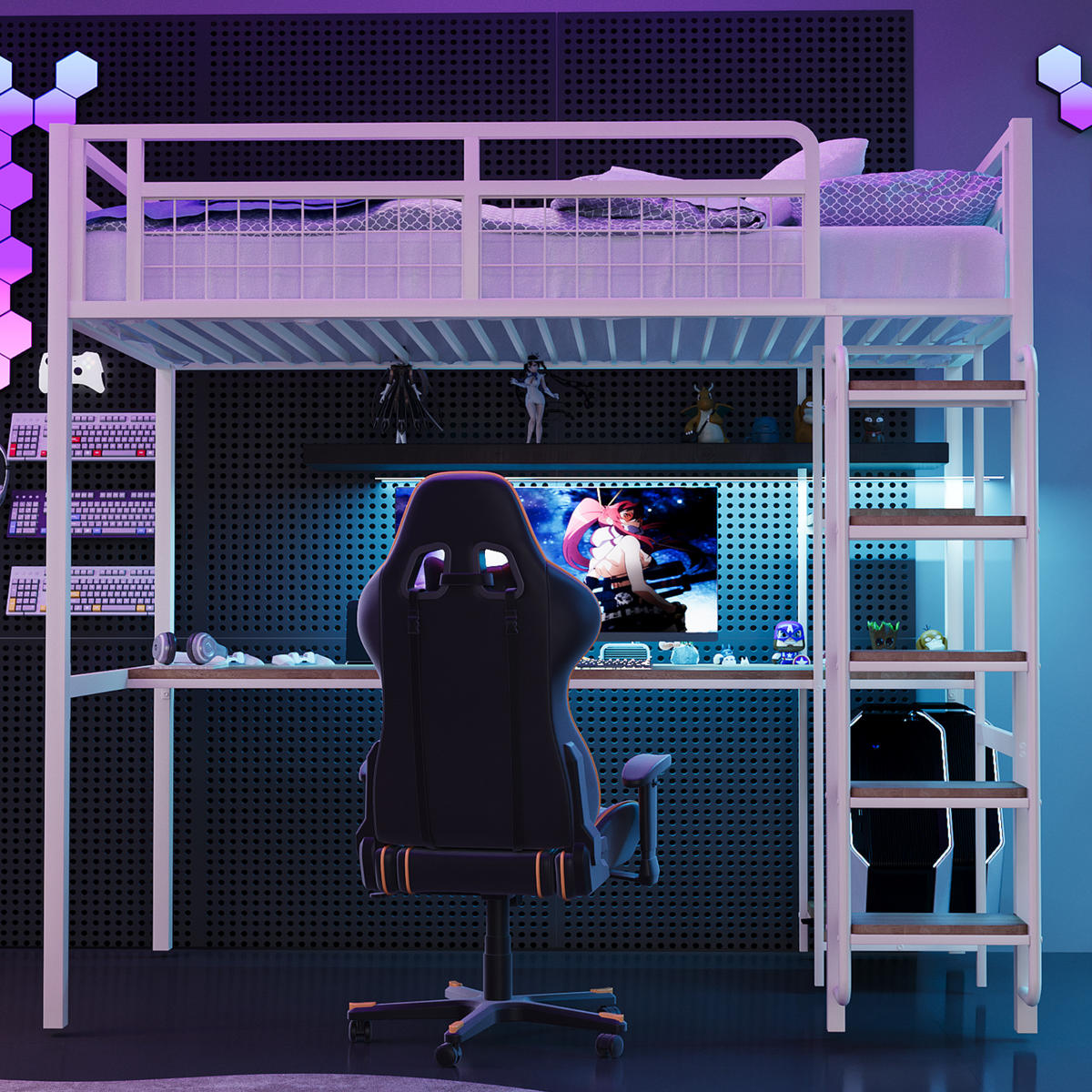 HOCHBETT 90/200 cm weiß aus Metall mit Tisch und Regalen - Weiß, Metall (90/200cm) - OKWISH