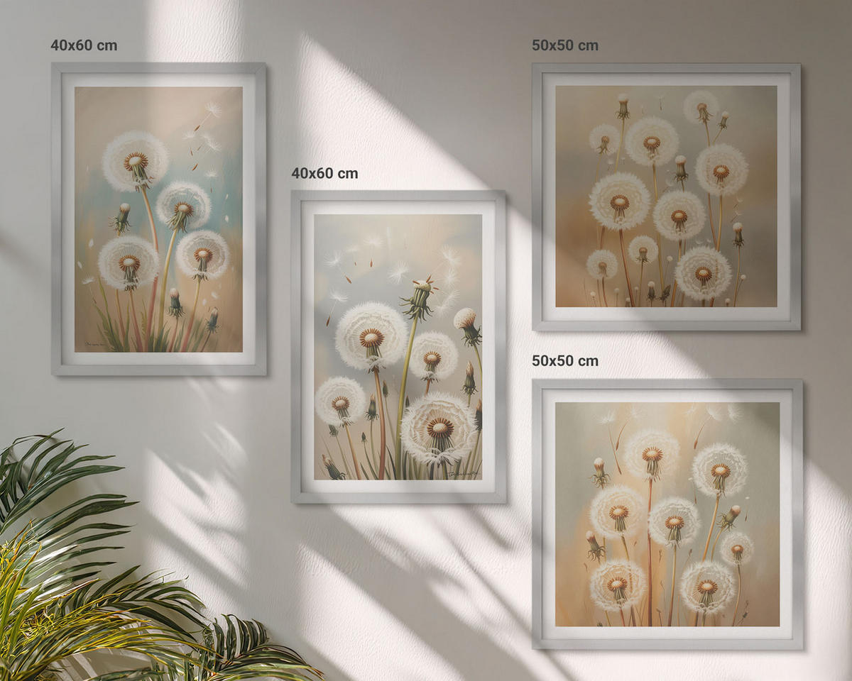 WANDBILDER 4er Set - 50x50 cm & 40x60 cm Silberner Rahmen - Pastellfarbene Löwenzahnblüten - Silberfarben, Kunststoff (50/50cm) - ArtPrintCave