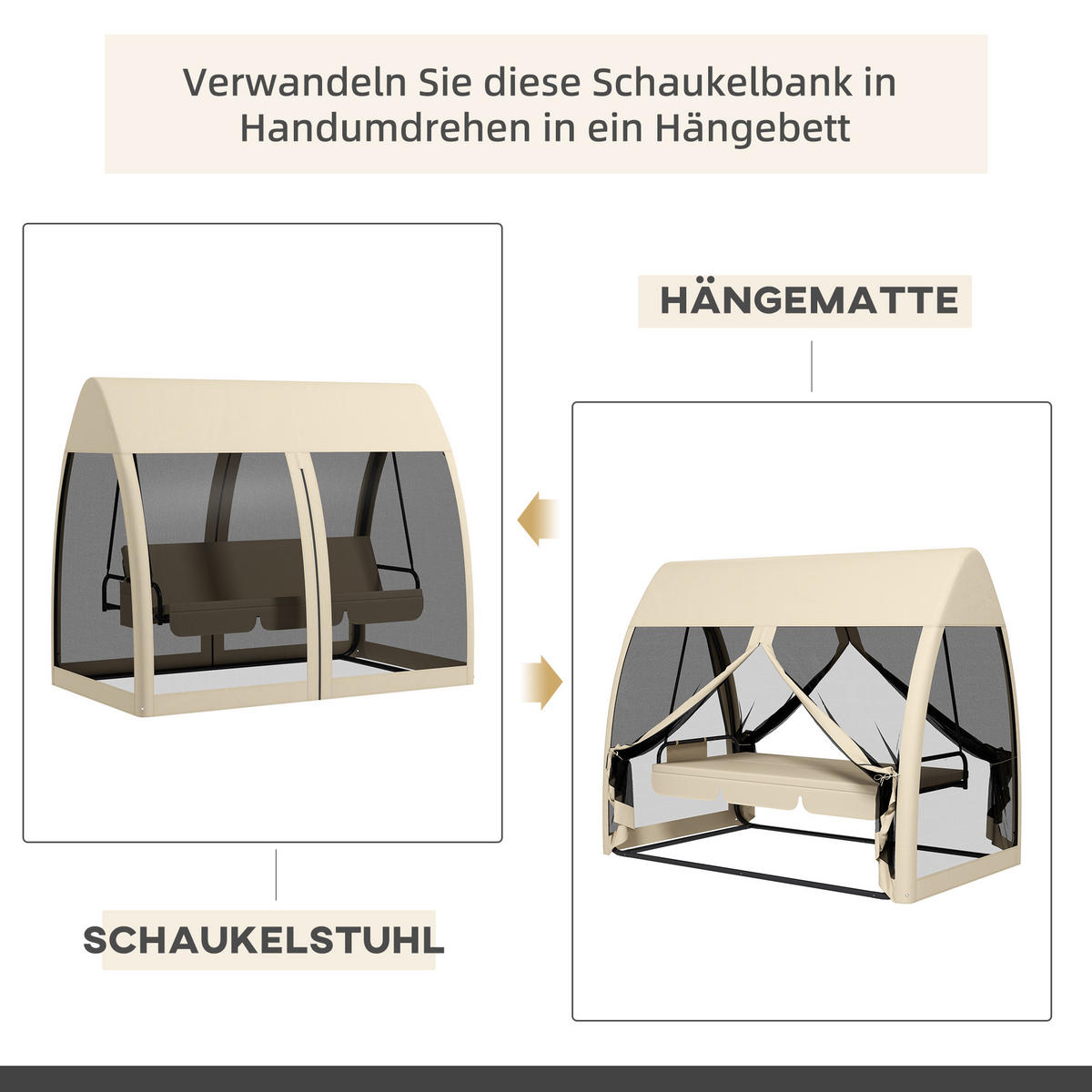 HOLLYWOODSCHAUKEL mit Liegefunktion 3-Sitzer - Beige, Metall (140/197/240cm) - Outsunny