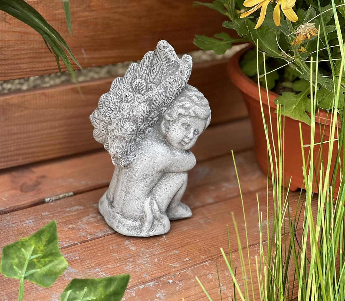 STEINFIGUR Engel sitzend mit Flügeln frostfest Steinguss - Grau, Stein (8/15/7cm) - stoneandstyle