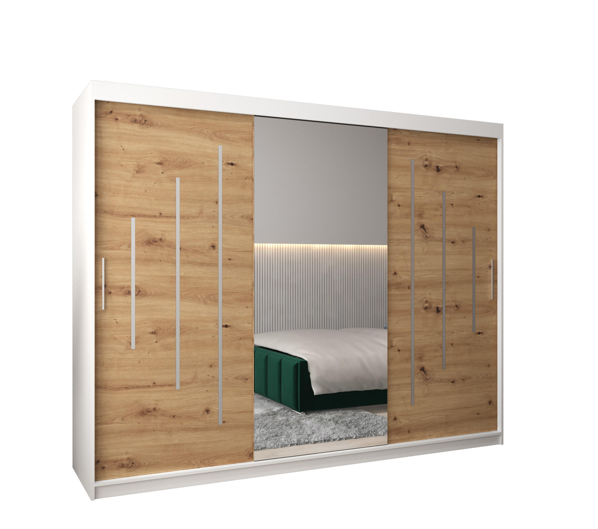 Abiks Möbel Schwebetürenschrank Weiß, Eiche Artisan 250x200x62 cm
