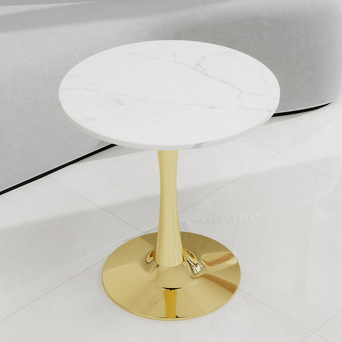 COUCHTISCH in Weiß und Gold Wohnzimmertisch mit einer runden Marmor-Tischplatte für Wohnzimmer, B70/T70/H72 cm - Goldfarben/Weiß, Stein/Metall (70/70/72cm) - STILVORA