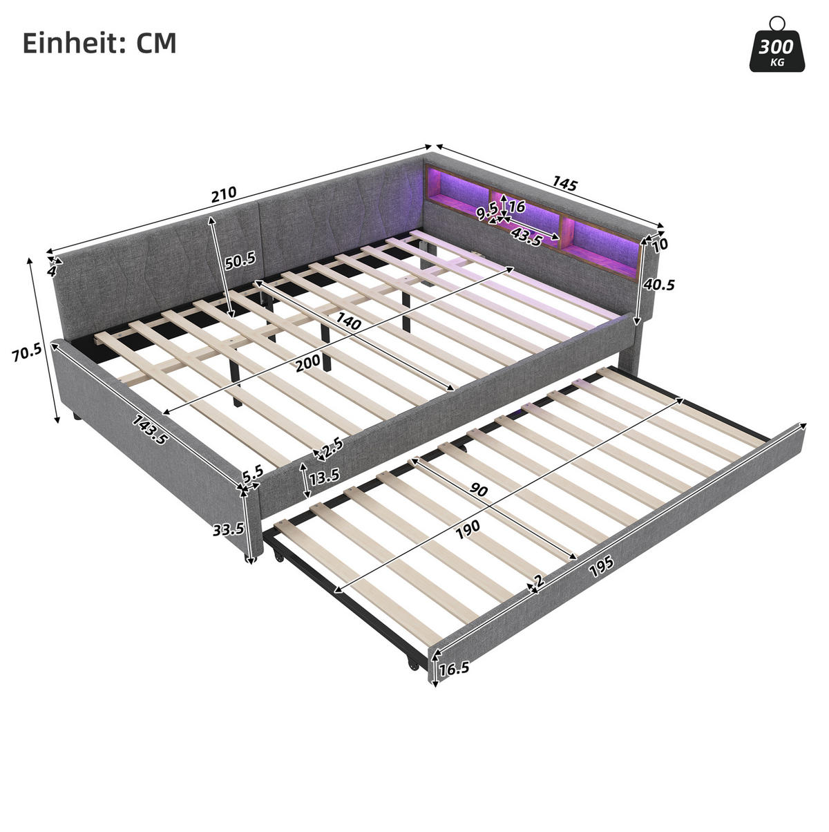 POLSTERBETT 140/200 cm Grau aus Leinen mit USB- und Type-C-Anschlüssen und LED - Grau, Textil (140/200cm) - Flora Grace