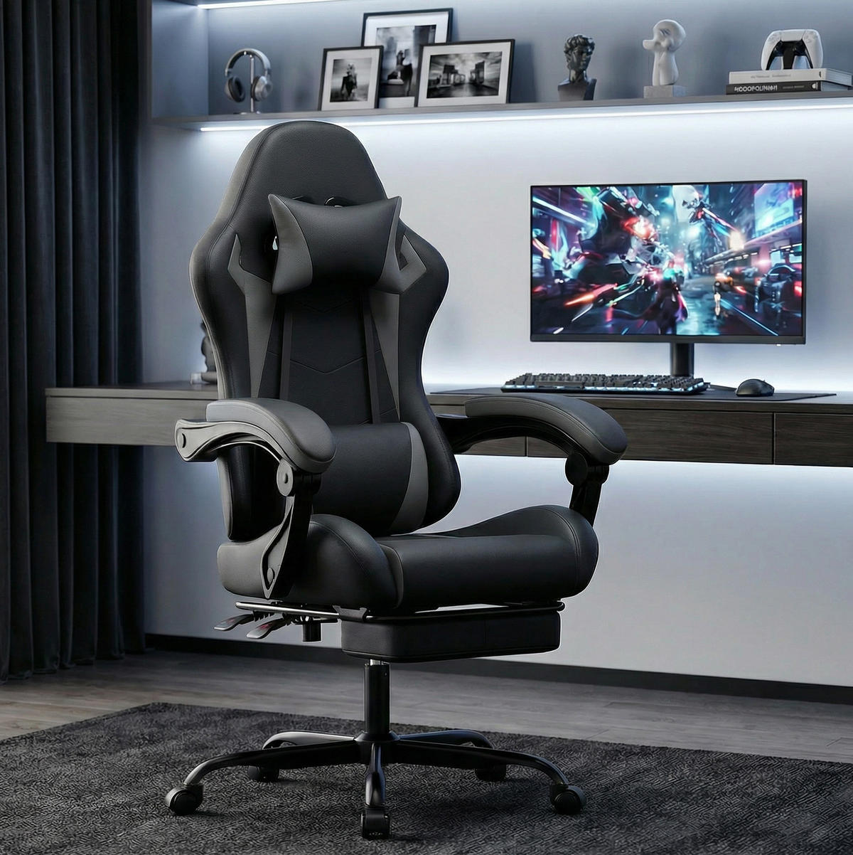 GAMING-STUHL ergonomisch höhenverstellbar PVC Black Gray - Schwarz, Kunststoff (63/120.5/58.5cm) - Meubliv