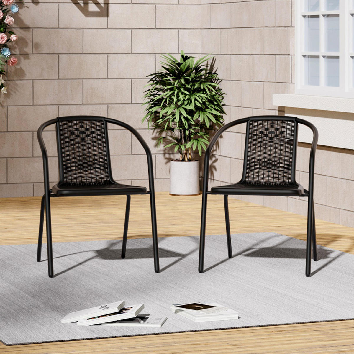 STAPELSTUHL 2er-set(2 Sthüle) aus PE-Rattan Metallgestell in Schwarz für Garten Terrase und Balkon - Schwarz, Metall (42/72/33cm) - Livingandhome
