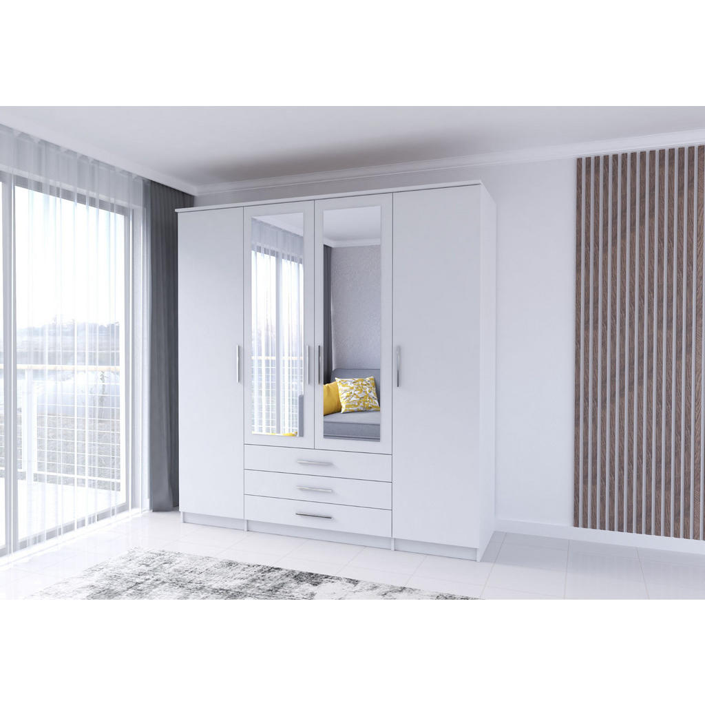 Thumbnail - Möblo Drehtürenschrank, Weiß, Metall, 3 Schubladen, Rechteckig, 200x210x64 cm, Schlafzimmer, Kleiderschränke, Drehtürens...