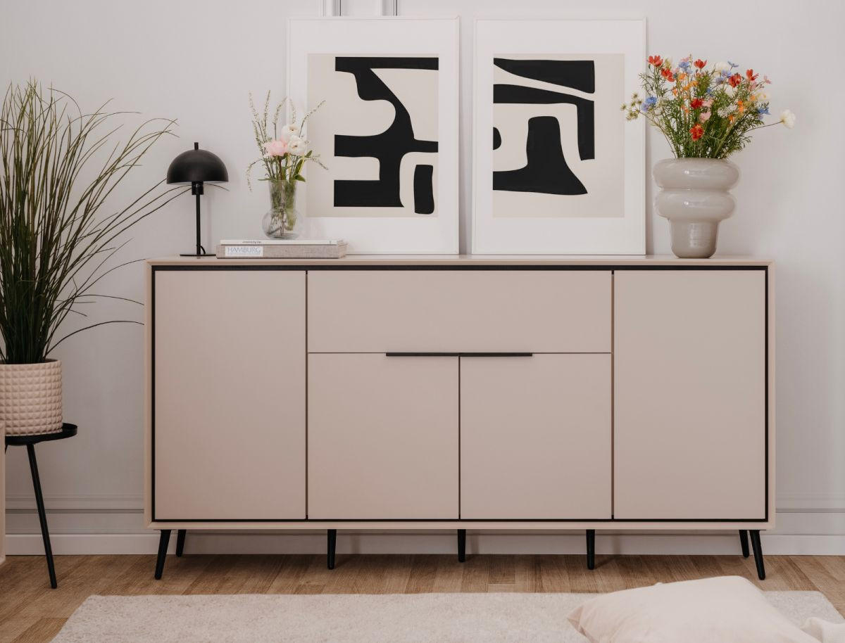 SIDEBOARD sand, schwarz 175 cm, Kommode mit Soft-Close-Funktion - Sandfarben/Schwarz, Holzwerkstoff/Kunststoff (175/90/38cm) - Furn.Design