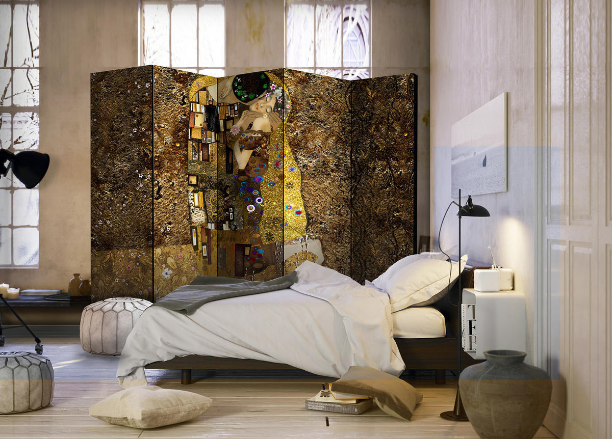 PARAVENT Einseitig Bedruckter 5-tlg 225x172 cm Der Kuss von Klimt - Braun, Holz/Textil (225/172/3cm) - Muralo
