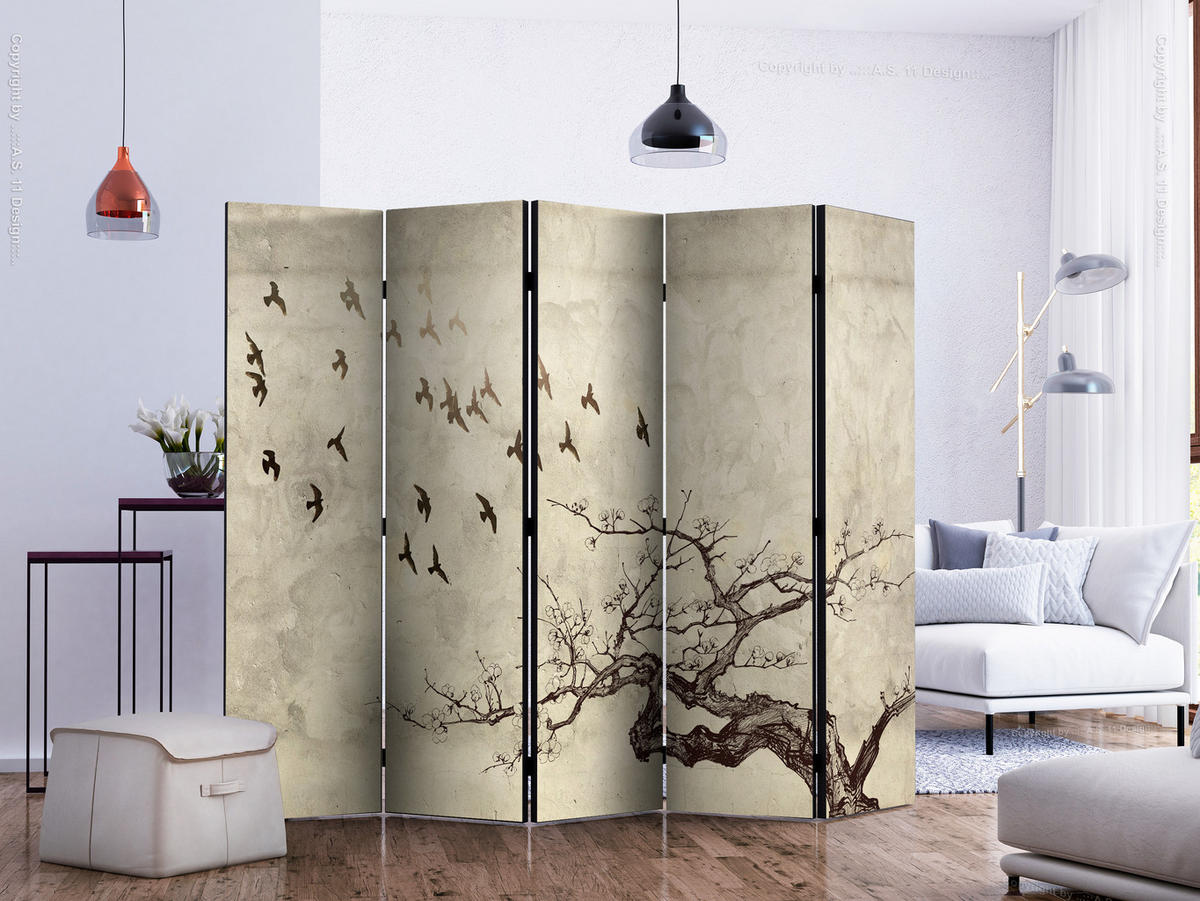 PARAVÁN Akustický 5-dielny 225x172 cm Strom Vtáky Vintage - béžová, drevo/textil (225/172/3cm) - Muralo