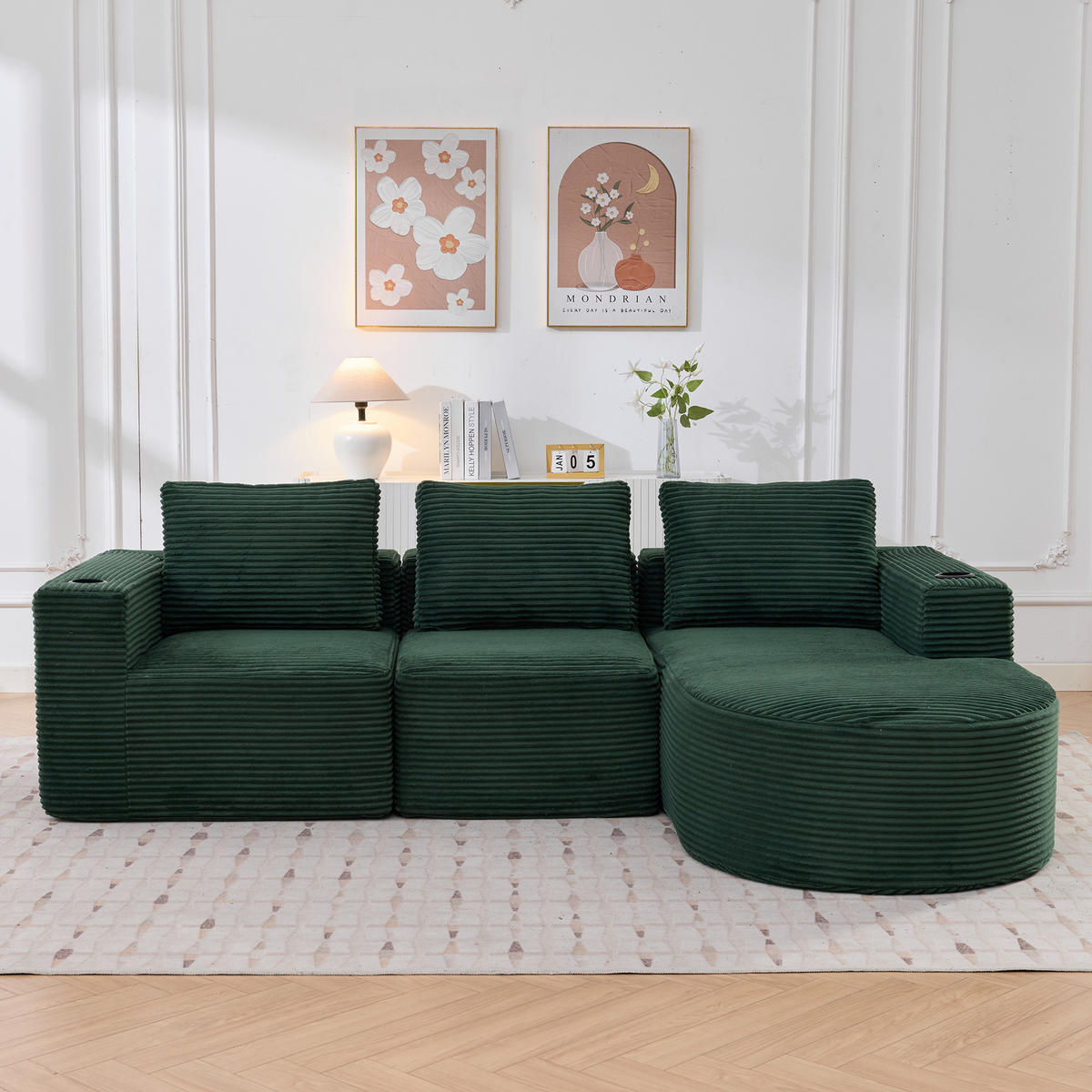2-SITZER ECKSOFA Cord Retrogrün mit 3 Kissen und 2 Becherhalter - Jadegrün, Textil (265/176cm) - WISHDOR