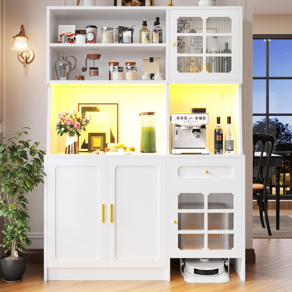KUHINJSKI ormar 130/45/180 cm bijeli od MDF-a s LED rasvjetom i staklenim vratima - bijela, drvni materijal (130/180/45cm) - OKWISH