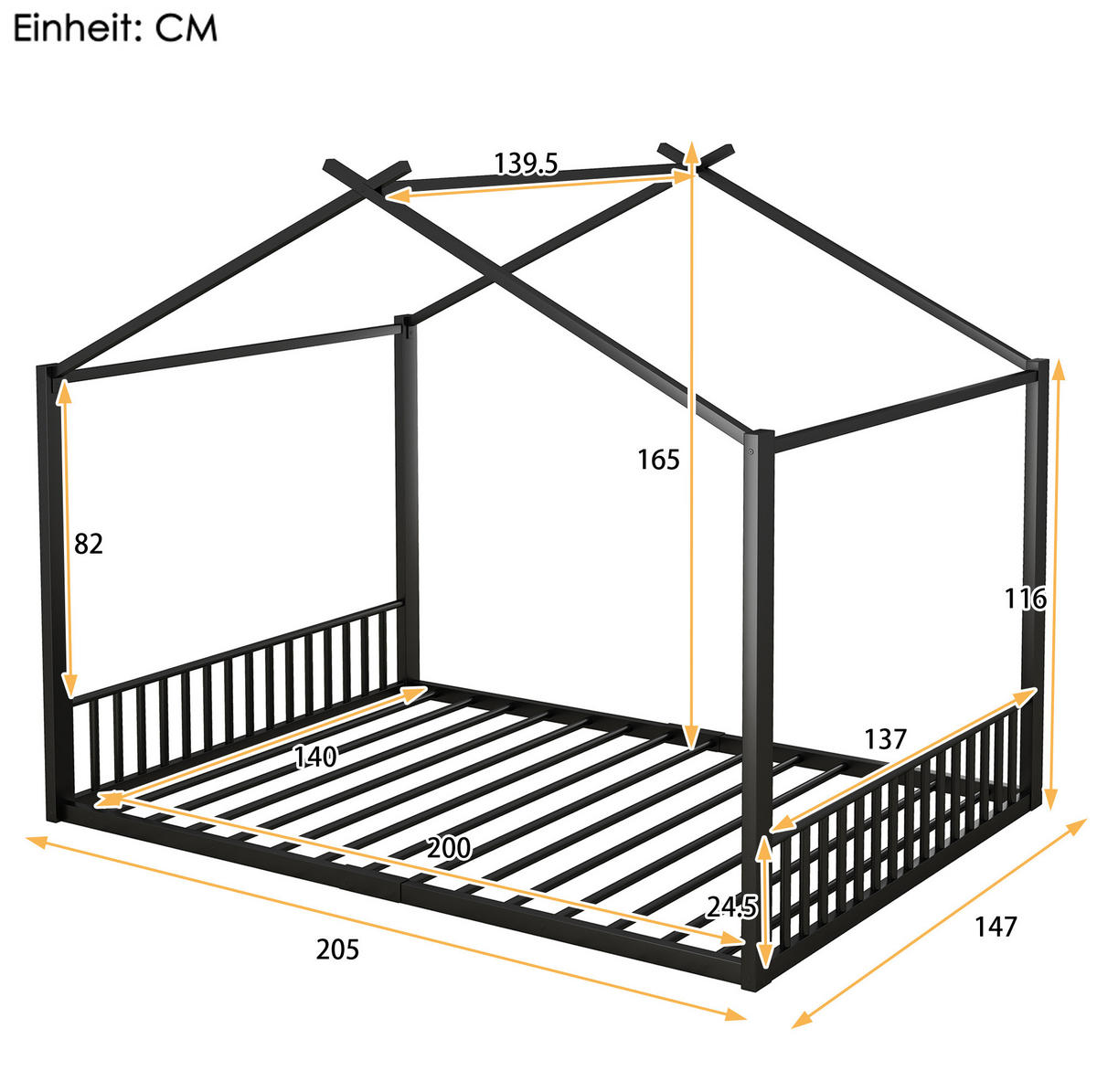 HAUSBETT aus Metall 140x200 cm Schwarz in Hausform mit stabilem Rahmen - Schwarz, Metall (140/200cm) - Modfu