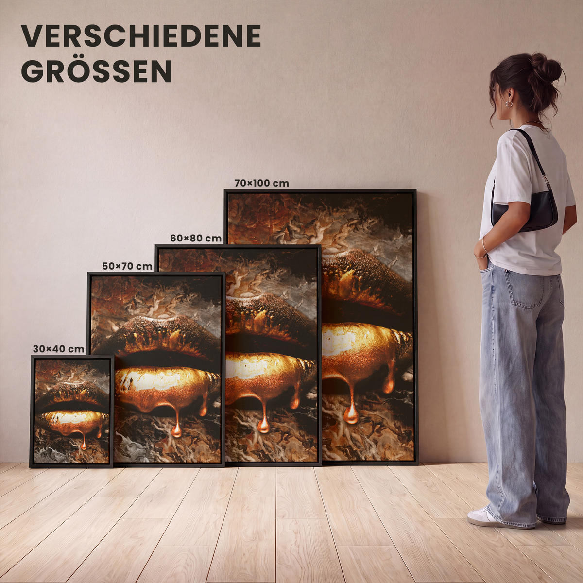 LEINWAND Bilder mit Rahmen - Gold - Lippen - Kunst - Gold - Luxus - Abstrakt - 70x100 - Kupferfarben, Textil (70/100cm) - MuchoWow