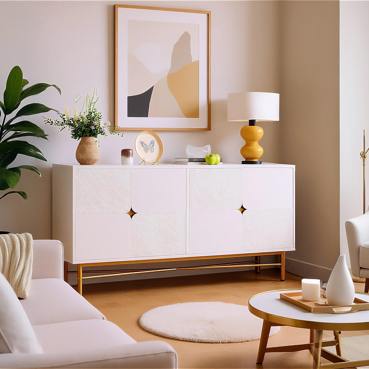 SIDEBOARD in Weiß und Gold, erhabene Textur und 4 Türen - Weiß, Holzwerkstoff (160/82/40cm) - Urban Meuble