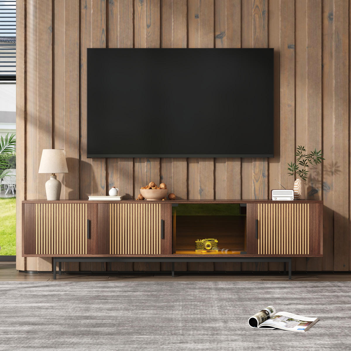 TV-ELEMENT200X35X53CM WalnussBraun Lowboard mit LEDLichtleiste und Glastür - Schwarz, Holz (42.19/24.61/62cm) - Raelunyi