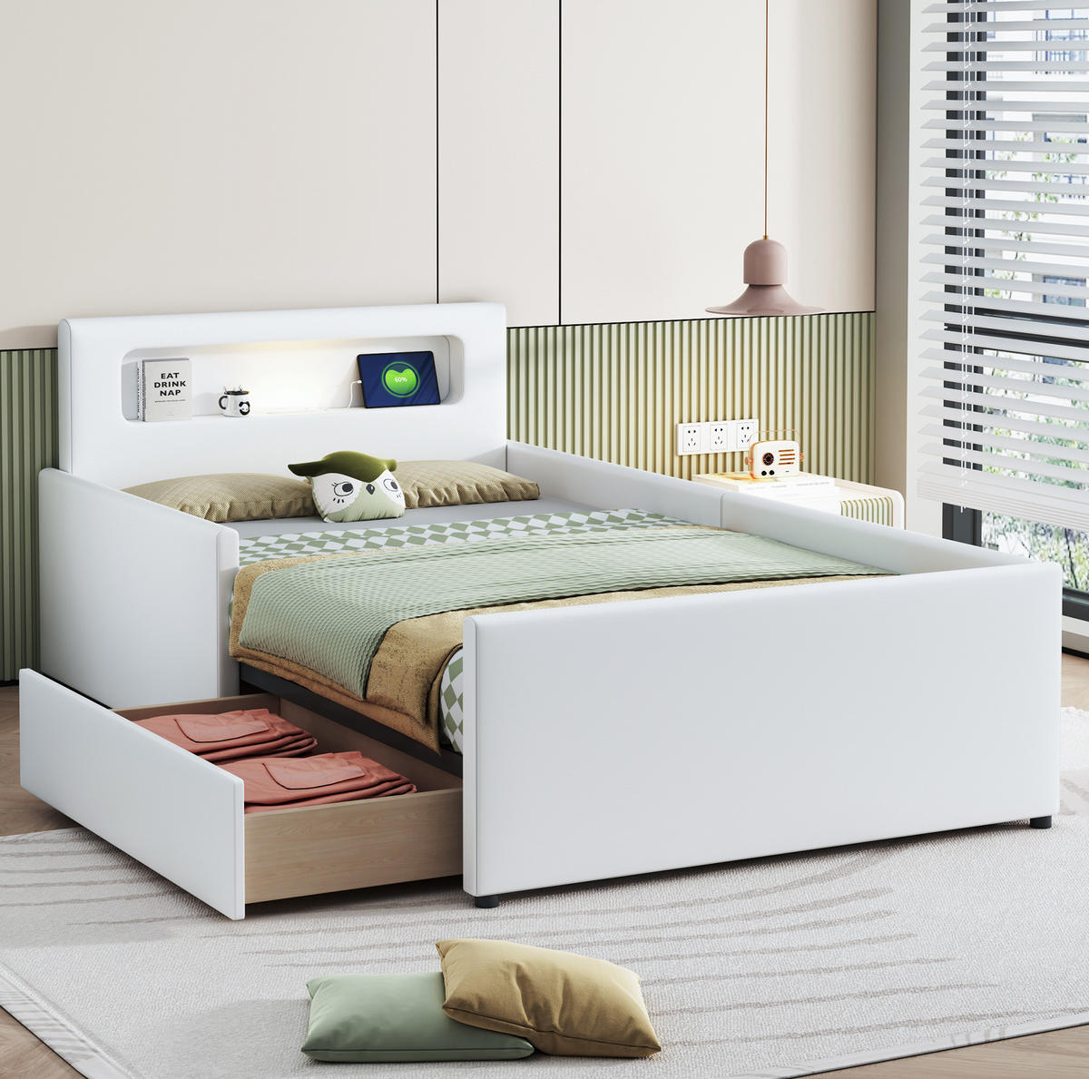POLSTERBETT 90/200 cm Weiß mit LED-Beleuchtung, USB-Anschluss und Schublade - Weiß, Textil (90/200cm) - Flora Grace