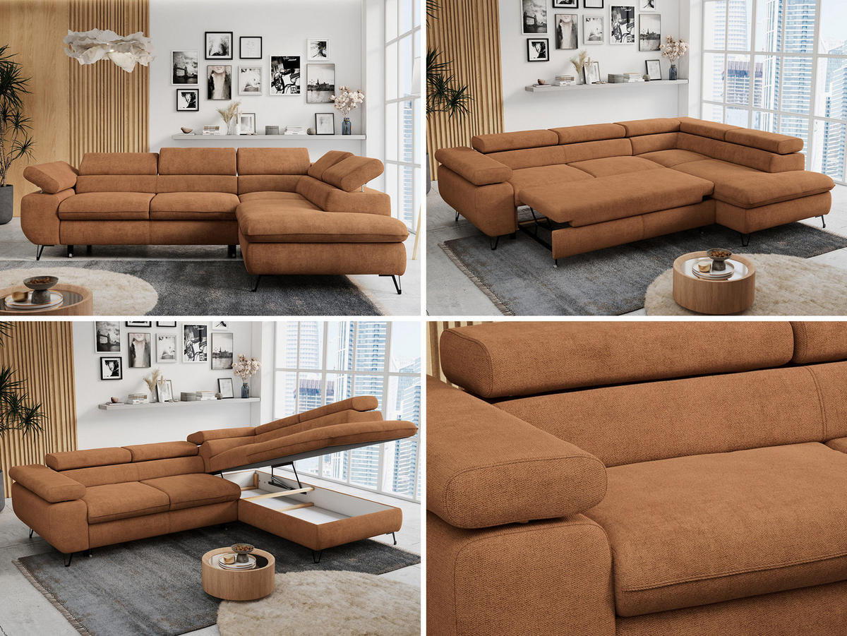 ECKSOFA PETER L Orange Struktur - Rechts Seite - Schwarz/Orange, Textil/Metall (273/208cm) - MKS