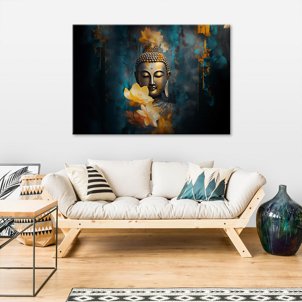 WANDBILD buddha und goldene blumen - Blau, Textil (60/40cm) - Feeby