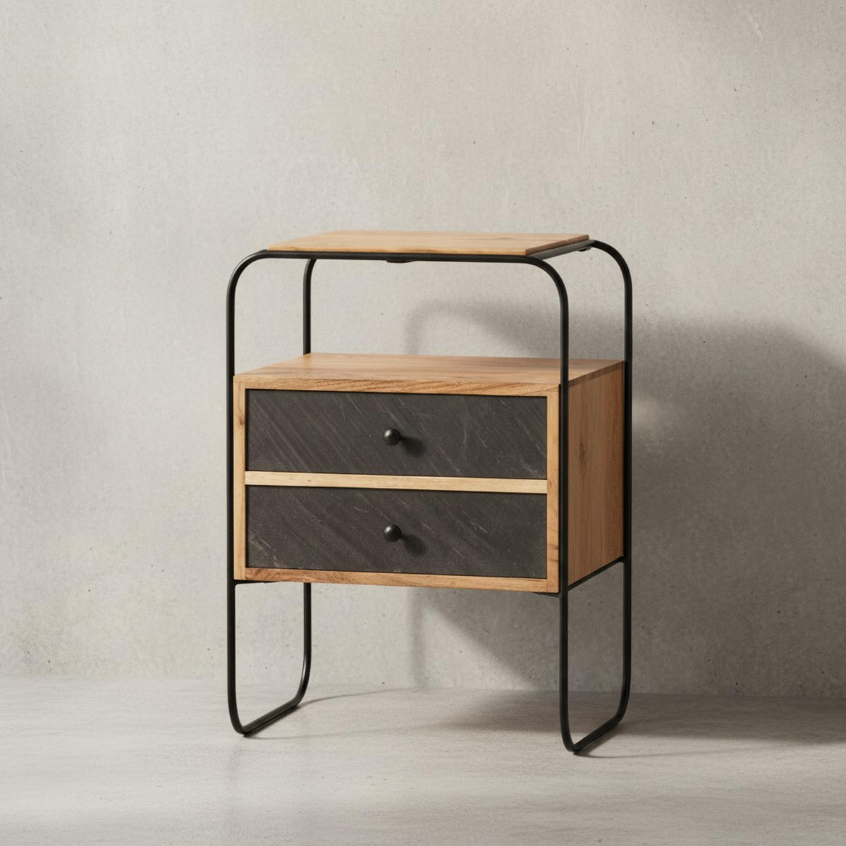 NACHTTISCH Massivholz Steinoptik 2 Schubladen Ablage Metallgestell, Akazie 40x30x60 cm - Schwarz/Akaziefarben, Holz/Metall (40/60/30cm) - KADIMA DESIGN