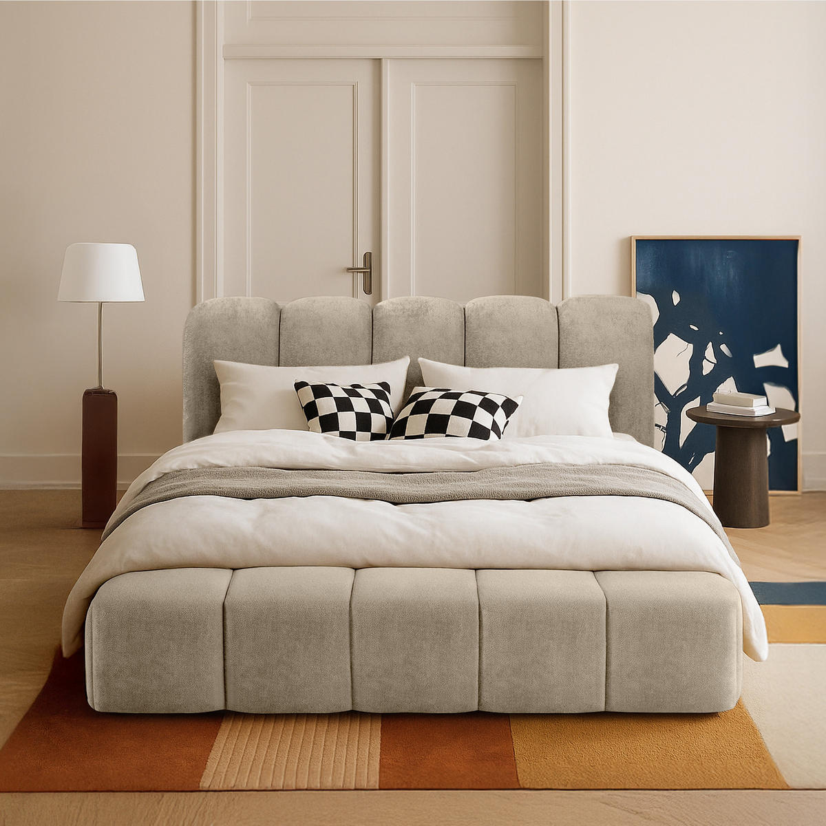 POLSTERBETT MERIDE Chenille, Graubeige - Ecru/Schwarz, Holz/Textil (160/200cm) - KONSIMO®