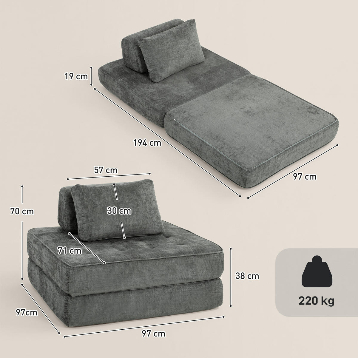 SOFA Grau 97.0/97.0/70.0cm - Grau, Textil (97/70/97cm)