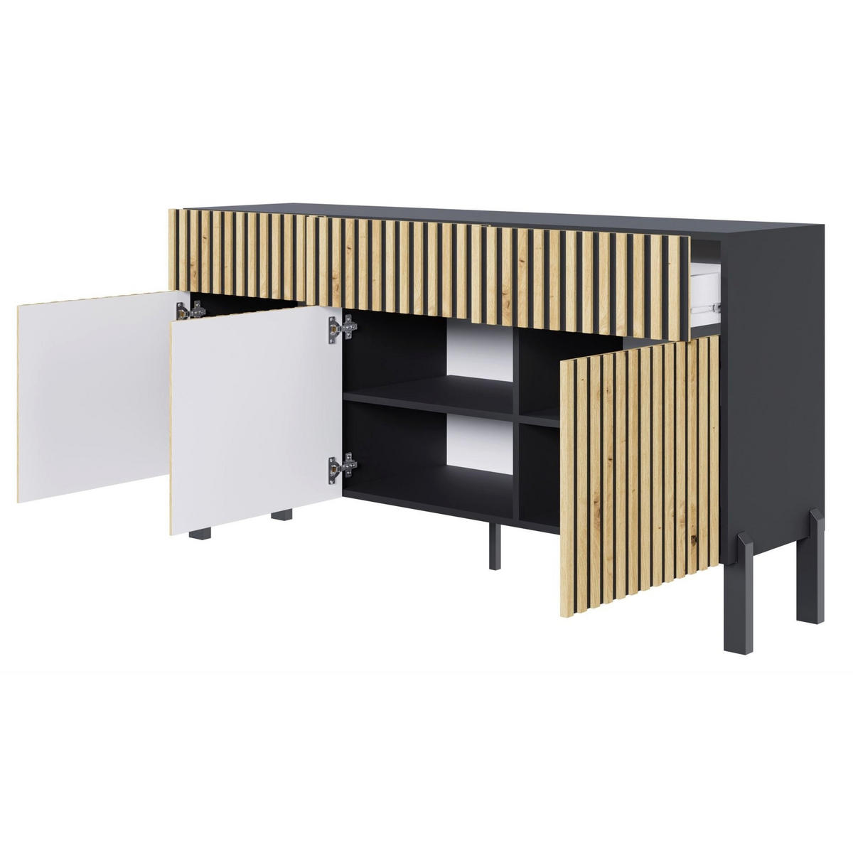 SIDEBOARD Telire 3-türig Schwarz / Artisan Eiche-Optik, 154 cm - Schwarz, Holzwerkstoff/Metall (154/80.4/34cm) - Selsey