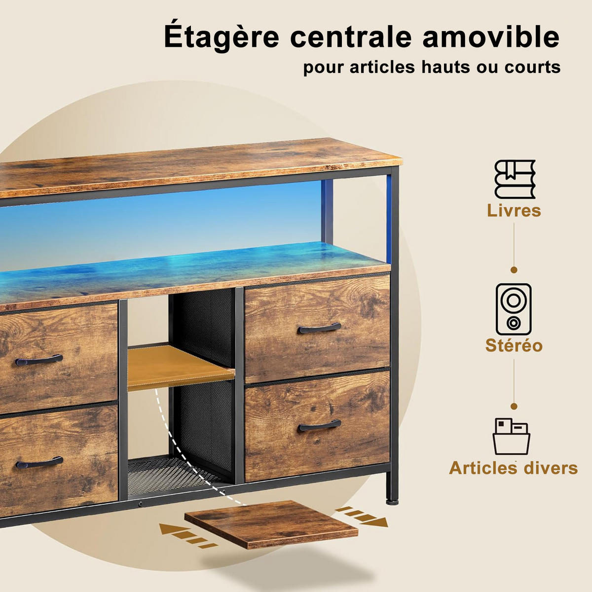 TV LOWBOARD 108x30x77 cm LED Metall Holz - Naturfarben, Holz (108/76.8/29.8cm) - LEBENLANG