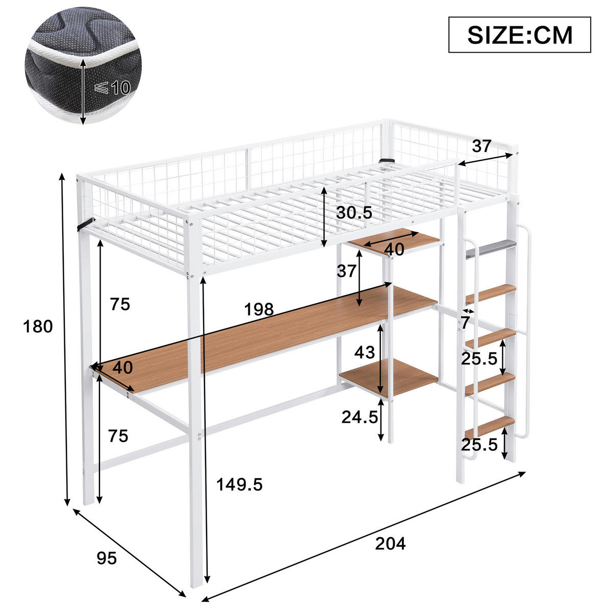 HOCHBETT 90/200 cm mit Schreibtisch und Regalen – Metall in Weiß/Natur - Weiß, Metall (90/200cm) - BEAOK