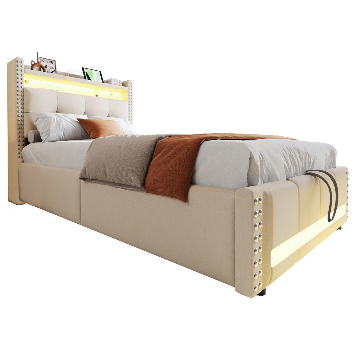 POLSTERBETT 90/200 cm Beige aus Leinenstoff mit LED, USB und Stauraum - Beige, Textil (90/200cm) - OKMYHOME