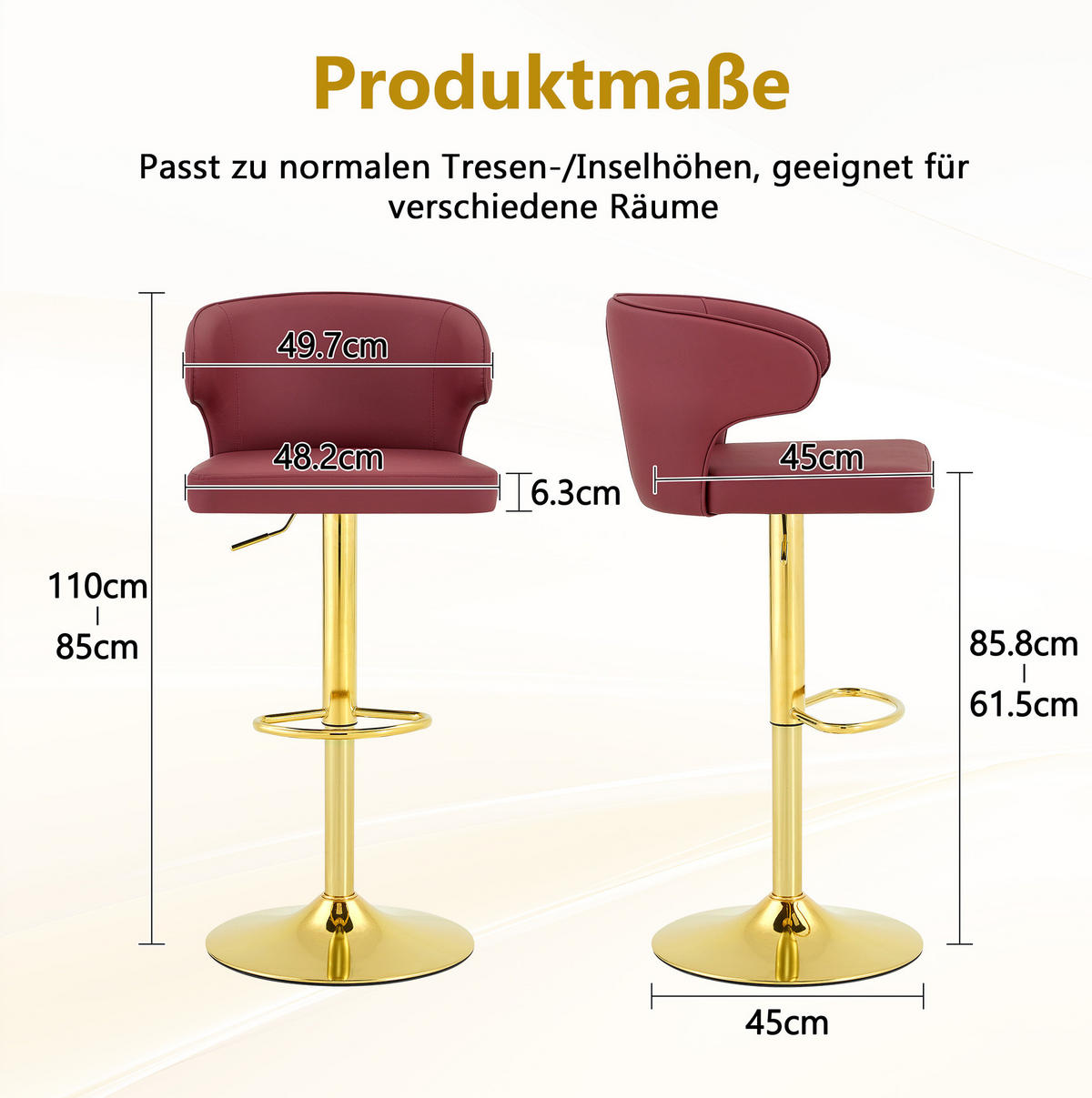 2ER-SET Barhocker mit Lehne, höhenverstellbar, drehbar, Rot - Rot, Metall (45/110/49.7cm) - Meubliv