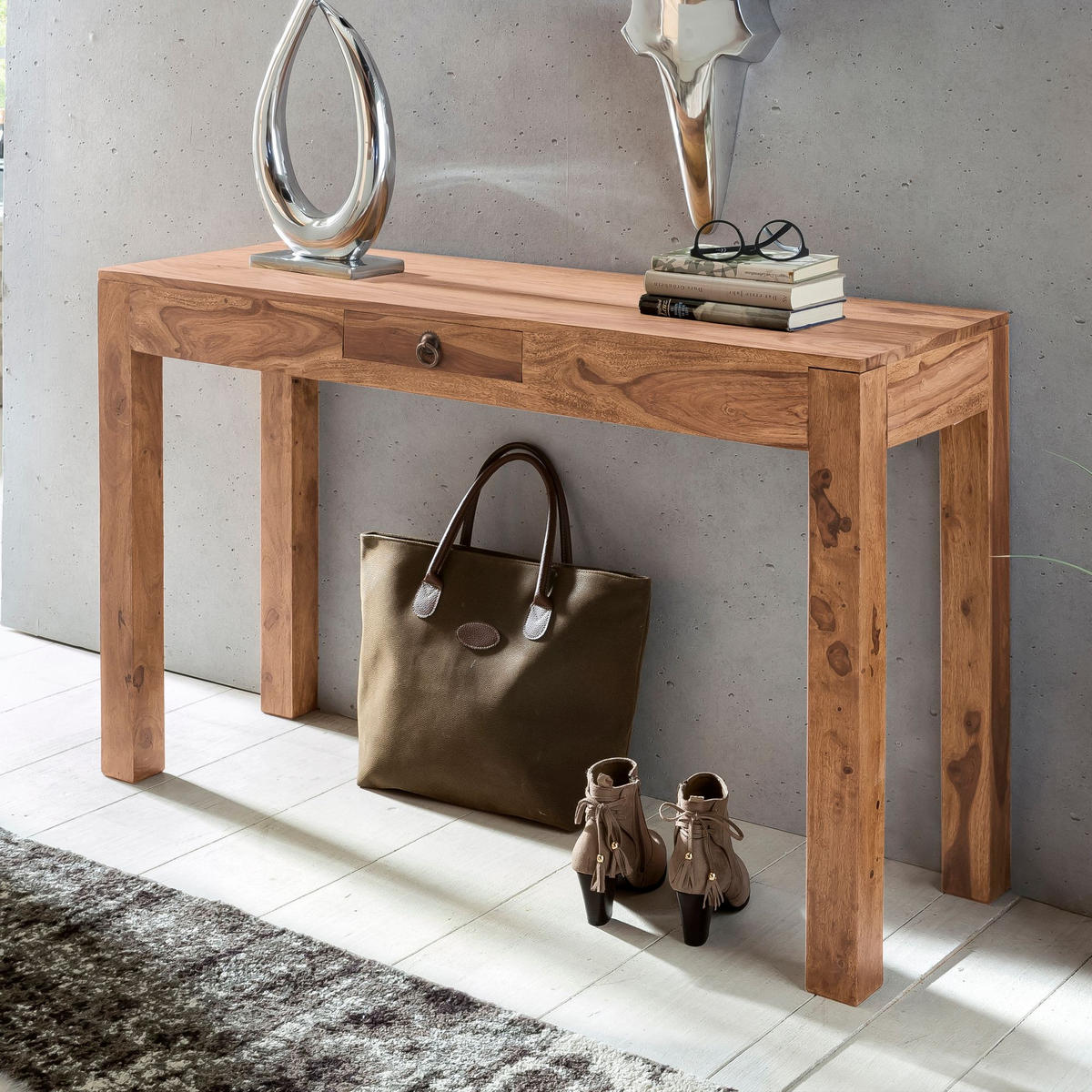 KONSOLENTISCH Akazienholz Schublade Landhausstil NAKO, Beige 120x40x70 cm - Beige, Holz/Metall (40/120/70cm) - KADIMA DESIGN