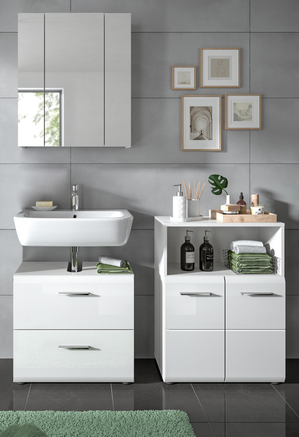 BADMÖBEL-SET weiß Hochglanz 3-teilig 135 cm, Badmöbel mit viel Stauraum - Weiß Hochglanz/Silberfarben, Glas/Holzwerkstoff (135/185/30cm) - Inn.Furn