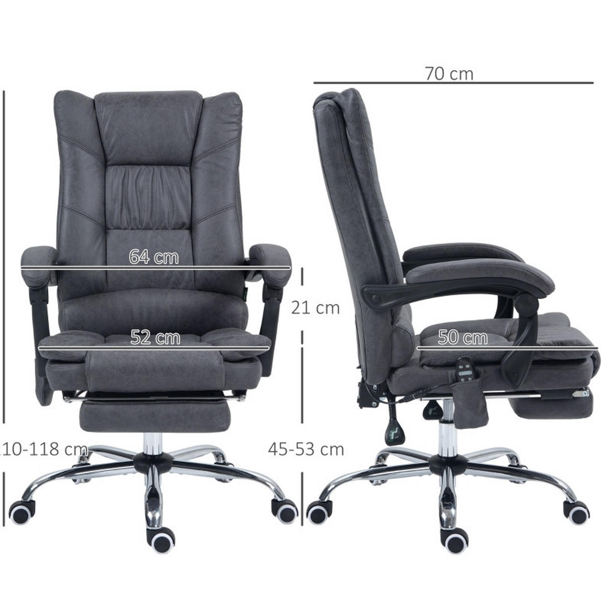 GAMINGSTUHL 64/70/110-118 cm, Massage & Wärme, 135° neigbar, höhenverstellbar, Dunkelgrau - Dunkelgrau, Kunststoff (70/118/64cm) - Redom