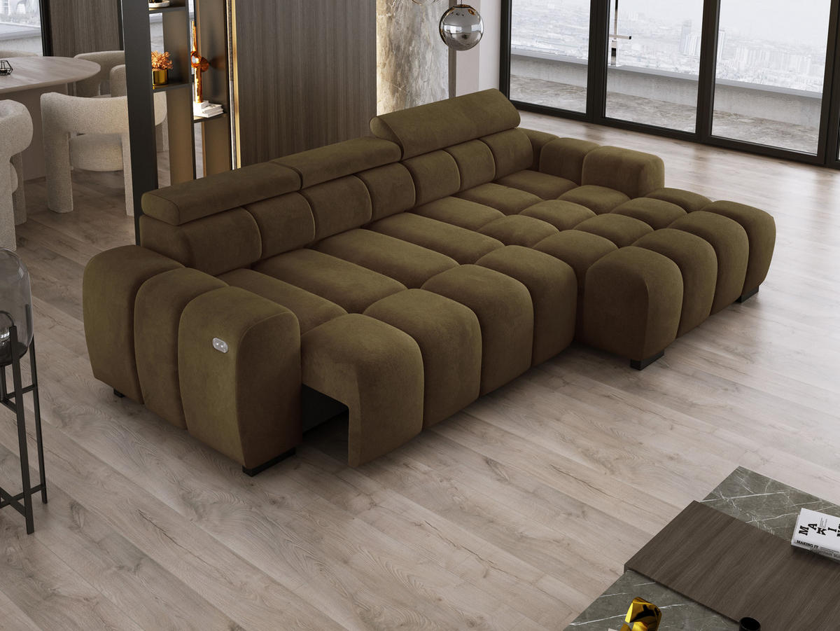ECKSOFA OMBO 285x168x77/97 cm, Rechts, Schlaffunktion, elektr. Sitz, Kopfstützen, Buche dunkel, hydrophober SALVADOR-Stoff – Dunkelblau - Olivgrün, Holz/Textil (285/168cm) - DomoHome