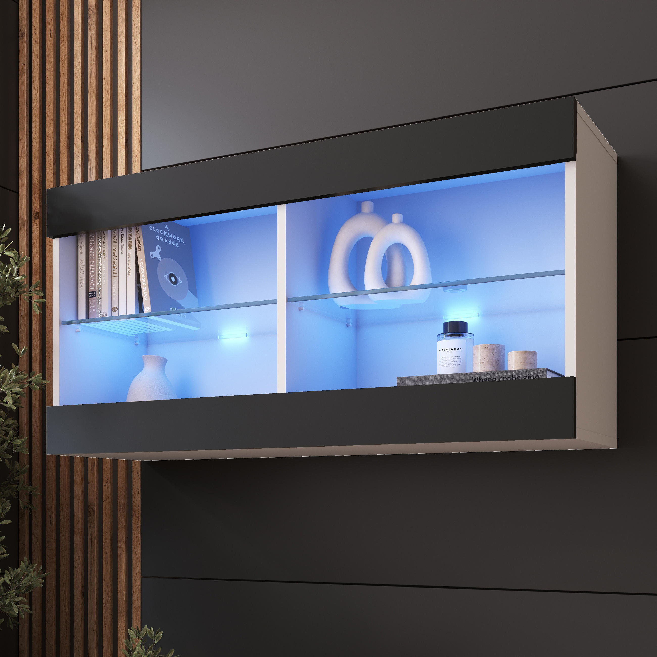 HÄNGEVITRINE TIVOLI HORIZONTAL 100, Schwarz, LED Blau - Schwarz/Weiß, Glas/Holzwerkstoff (100/50/29.5cm) - Komodee